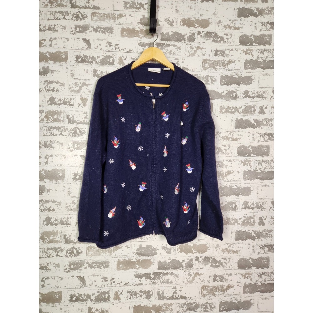 Christmas‎ Cardigan Snowflakes & Snowmen Size XL Blue Wool Blend Festive Holiday